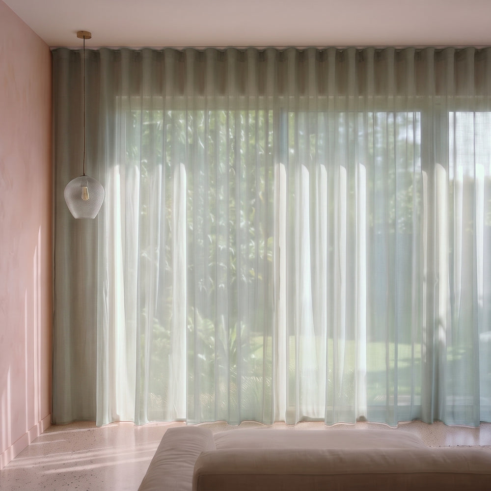 Burano Sheer Curtain in Eucaluptus, S-fold on a ceiling track
