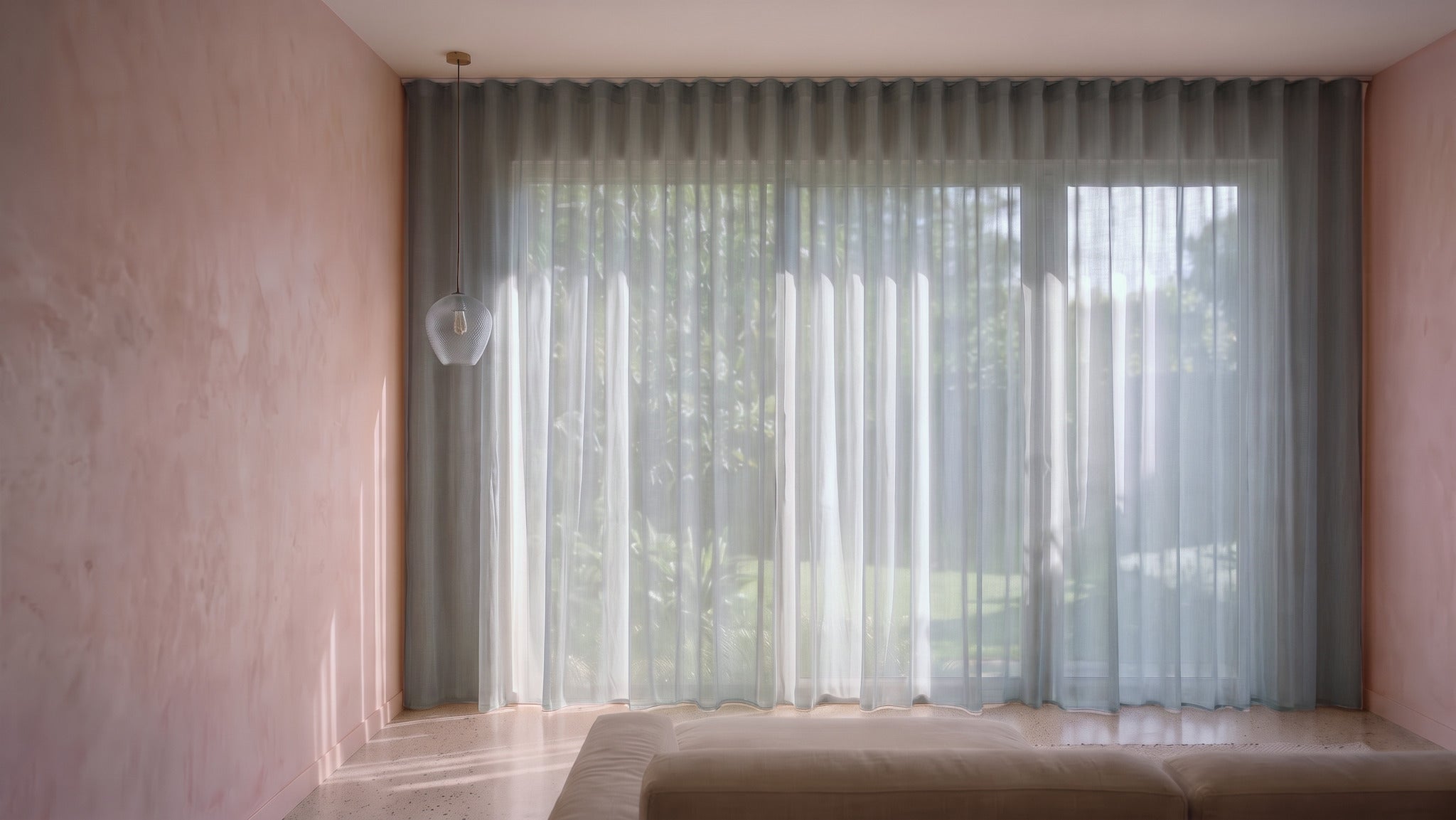 Burano Sheer Curtain in Frost, S-fold on a ceiling track