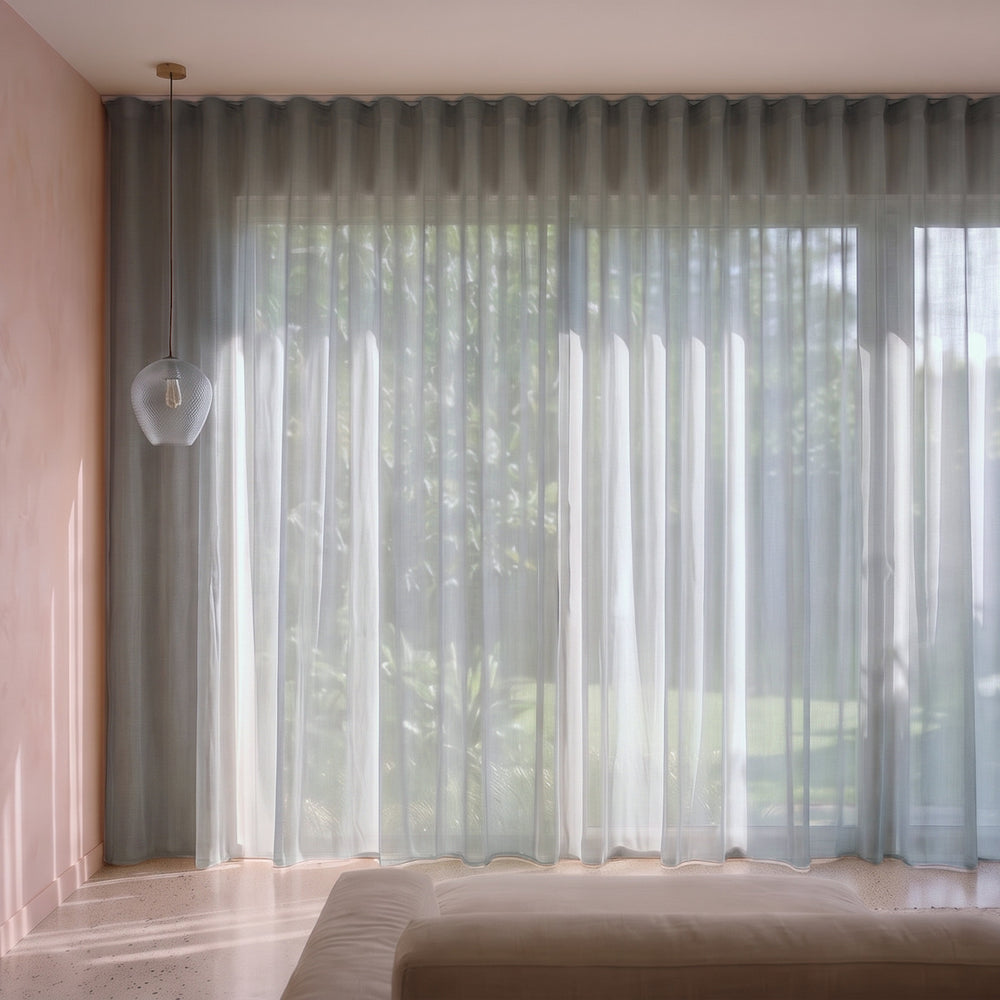Burano Sheer Curtain in Frost, S-fold on a ceiling track