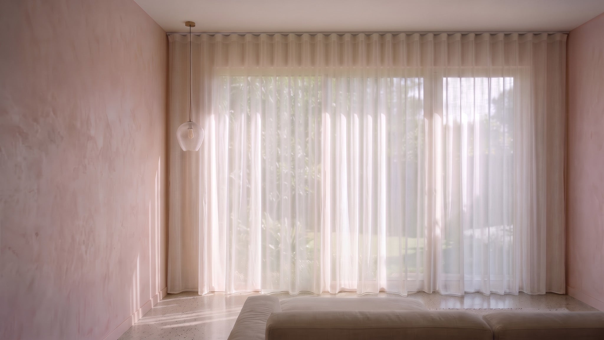 Burano Sheer Curtain in Ivory, S-fold on a ceiling track