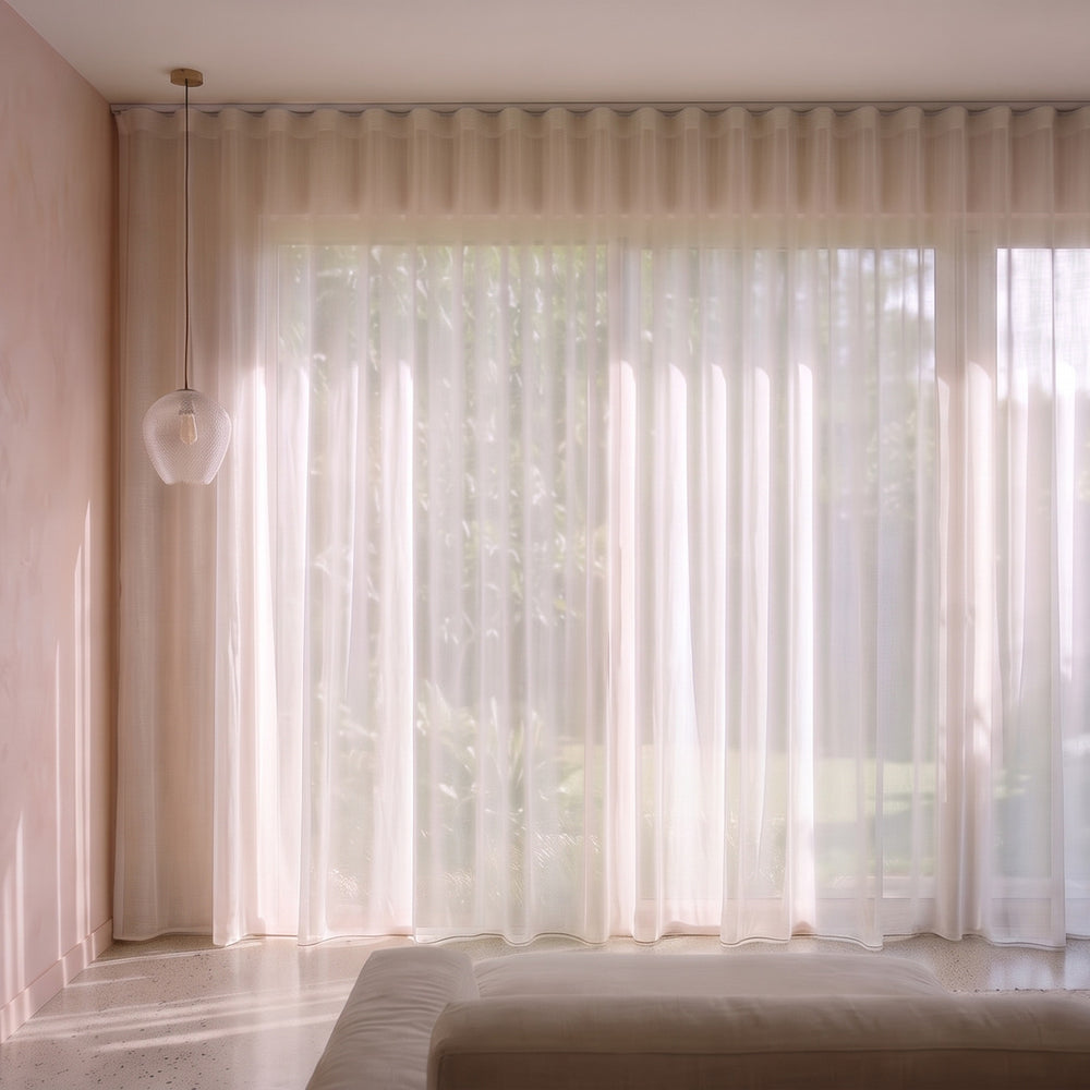 Burano Sheer Curtain in Ivory, S-fold on a ceiling track