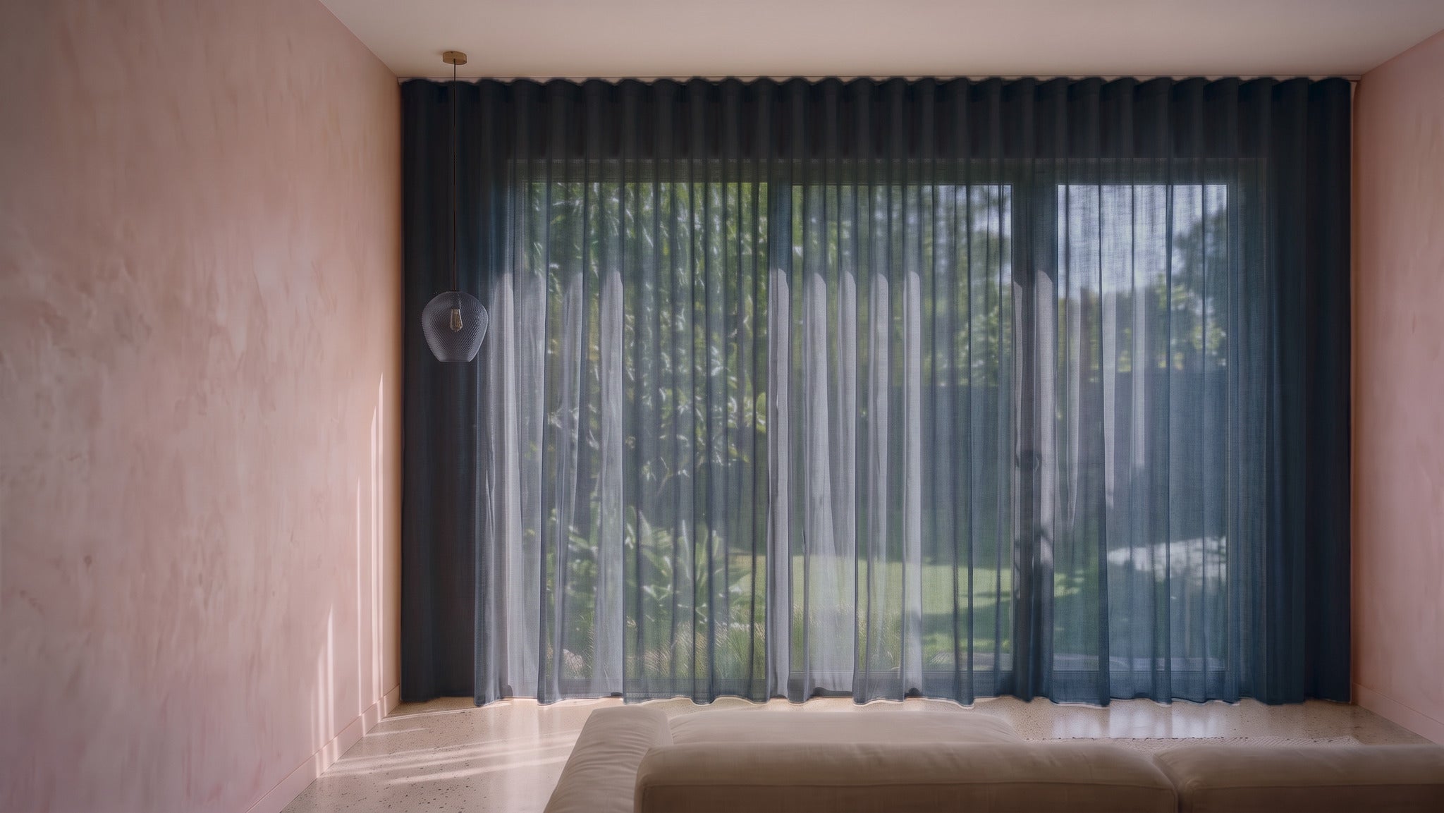 Burano Sheer Curtain in Midnight, S-fold on a ceiling track