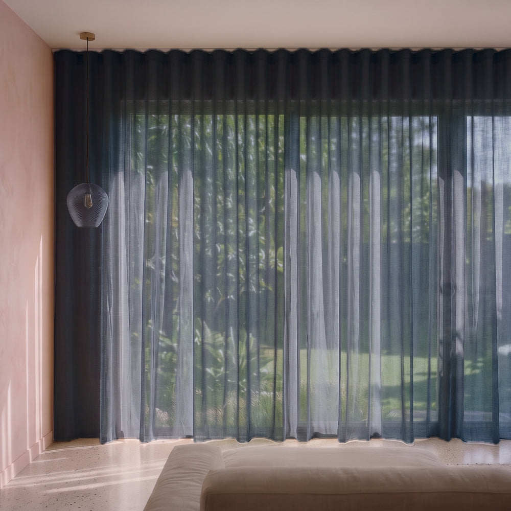 Burano Sheer Curtain in Midnight, S-fold on a ceiling track