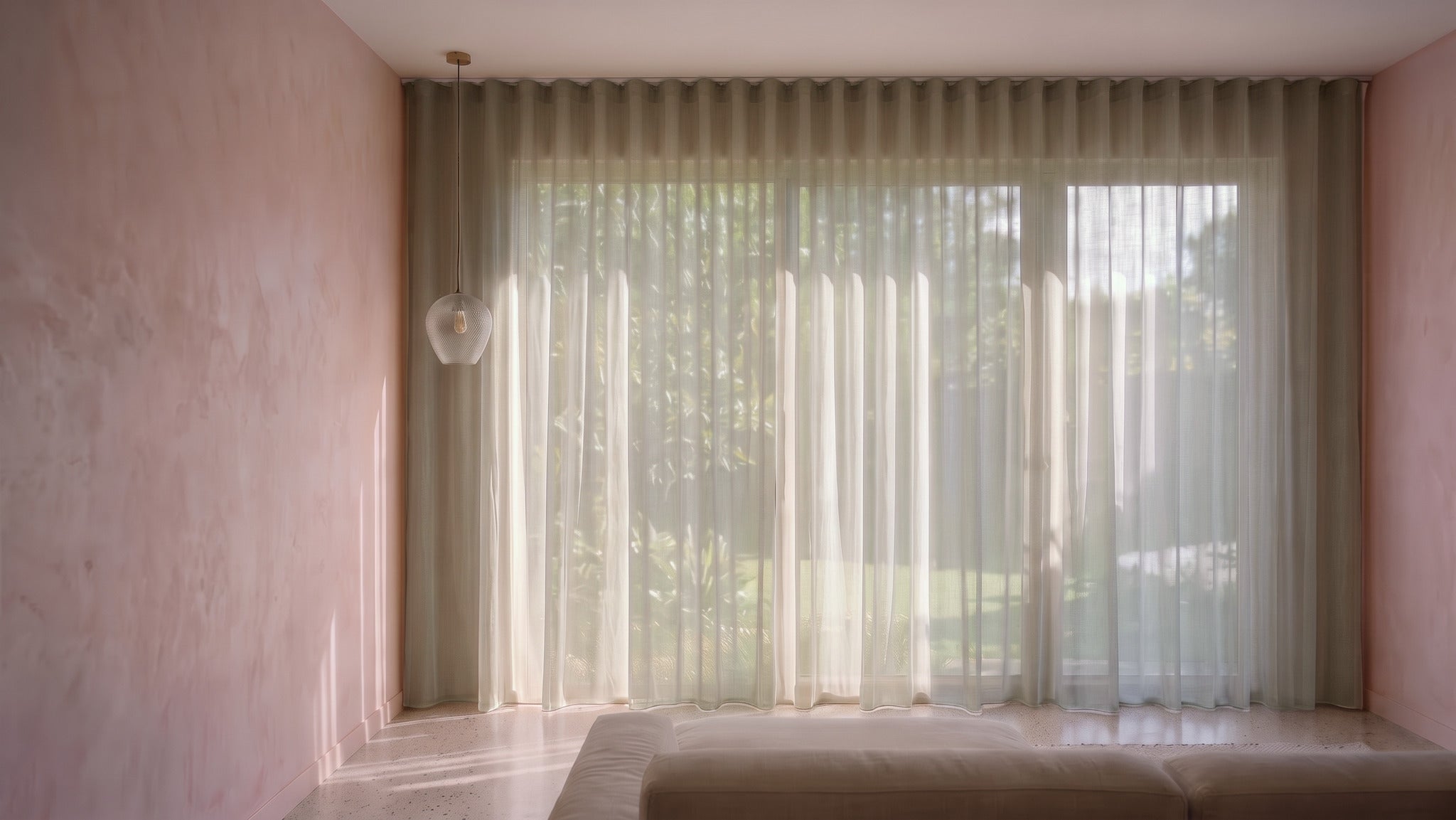 Burano Sheer Curtain in Sand, S-fold on a ceiling track
