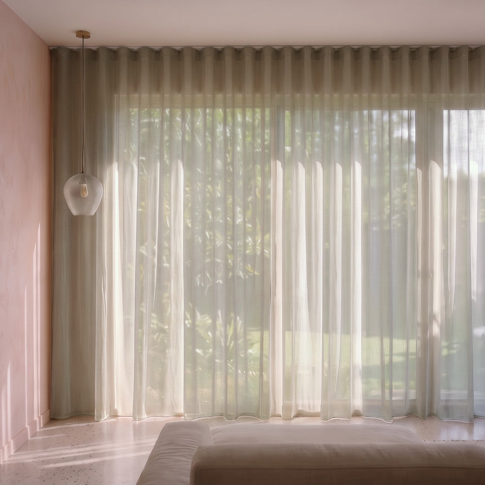 Burano Sheer Curtain in Sand, S-fold on a ceiling track