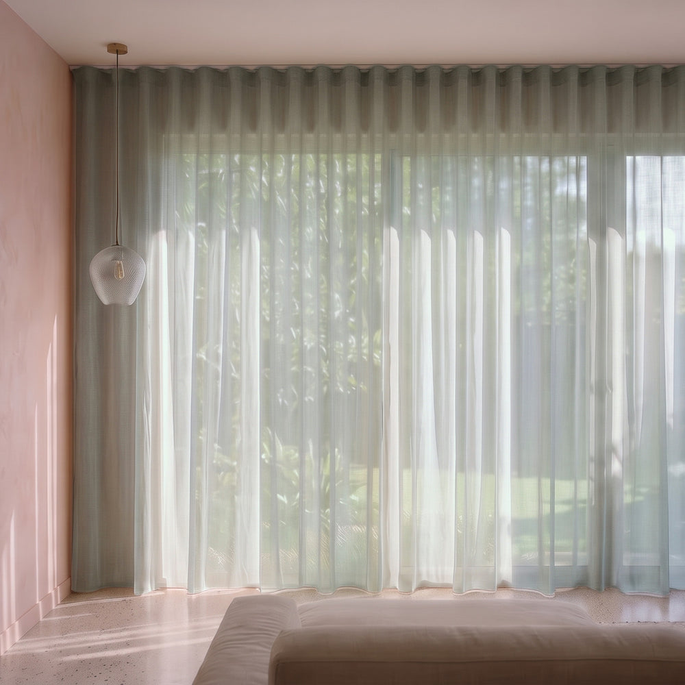 Burano Sheer Curtain in Seaspray, S-fold on a ceiling track