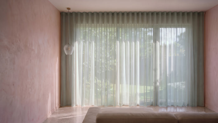 Burano Sheer Curtain in Seaspray, S-fold on a ceiling track
