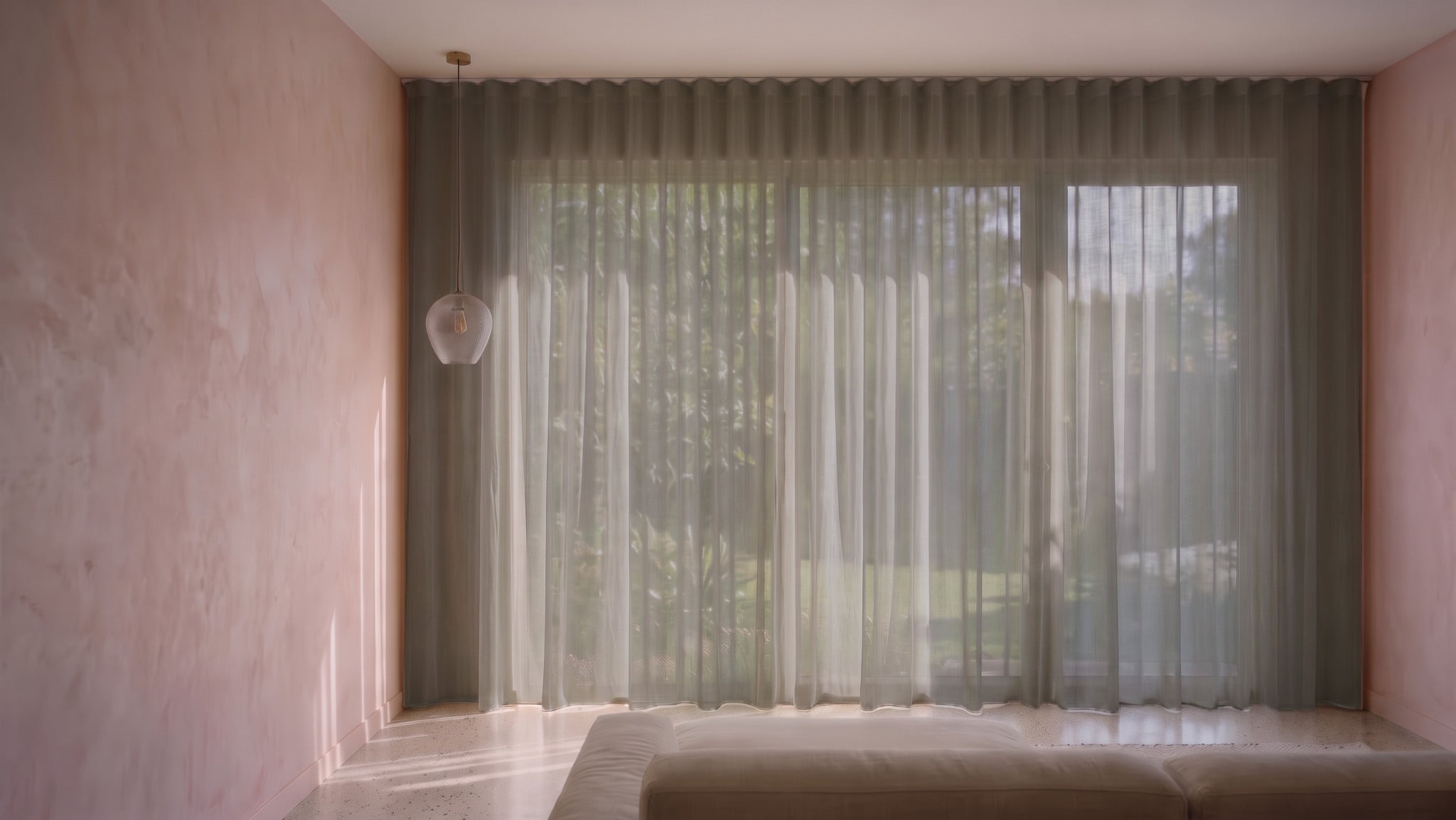 Burano Sheer Curtain in Slate, S-fold on a ceiling track