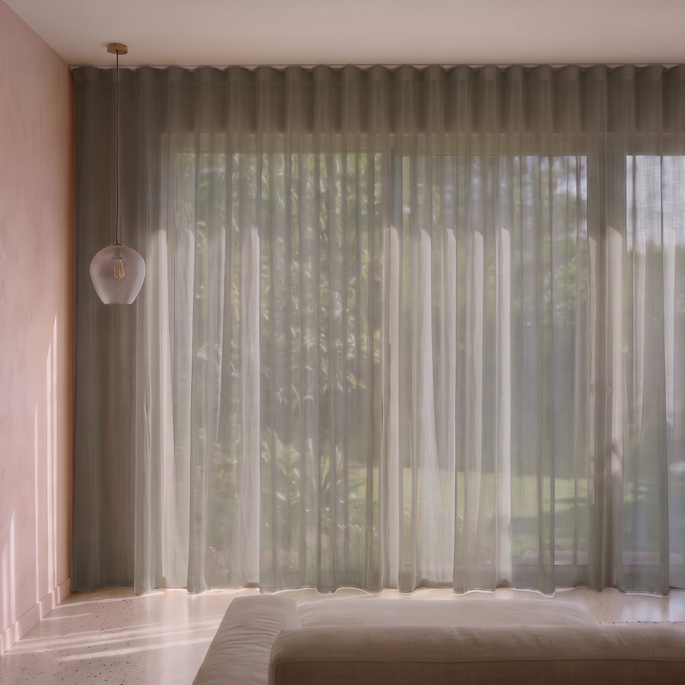 Burano Sheer Curtain in Slate, S-fold on a ceiling track