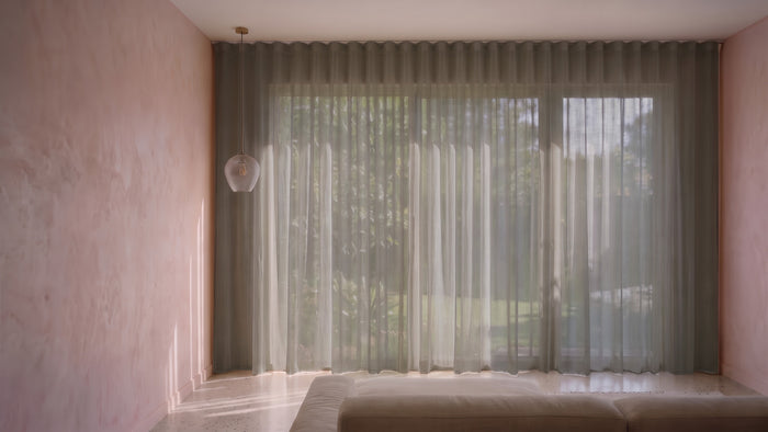 Burano Sheer Curtain in Slate, S-fold on a ceiling track