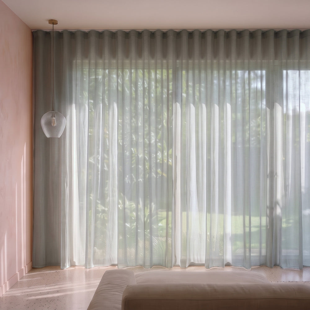 Burano Sheer Curtain in Storm, S-fold on a ceiling track