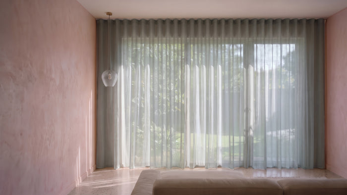 Burano Sheer Curtain in Storm, S-fold on a ceiling track