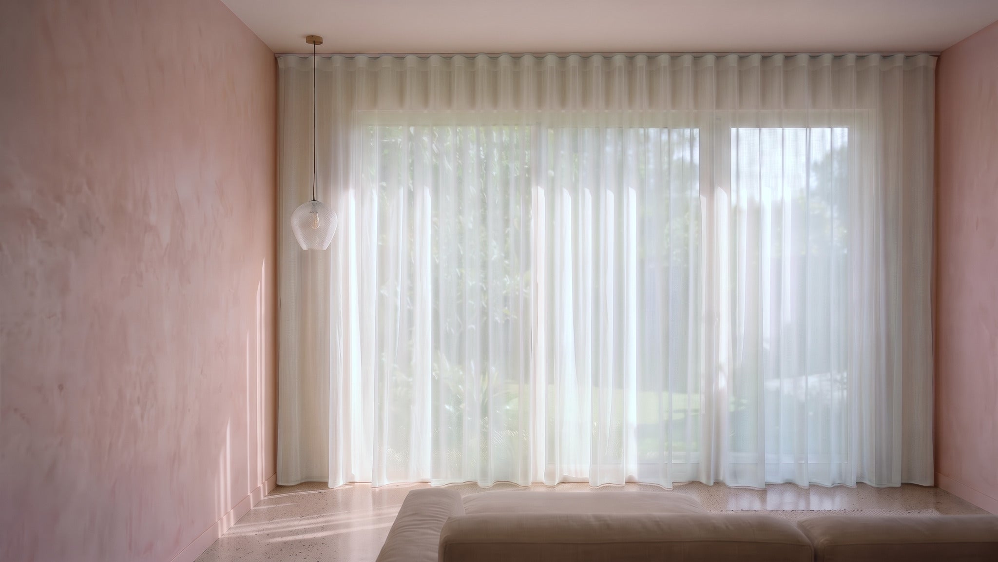 Burano Sheer Curtain in Talc, S-fold on a ceiling track