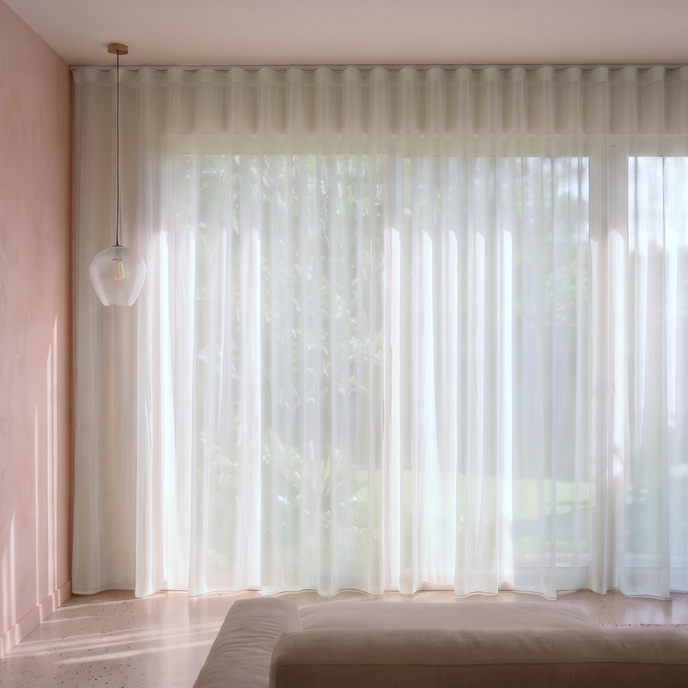 Burano Sheer Curtain in Talc, S-fold on a ceiling track