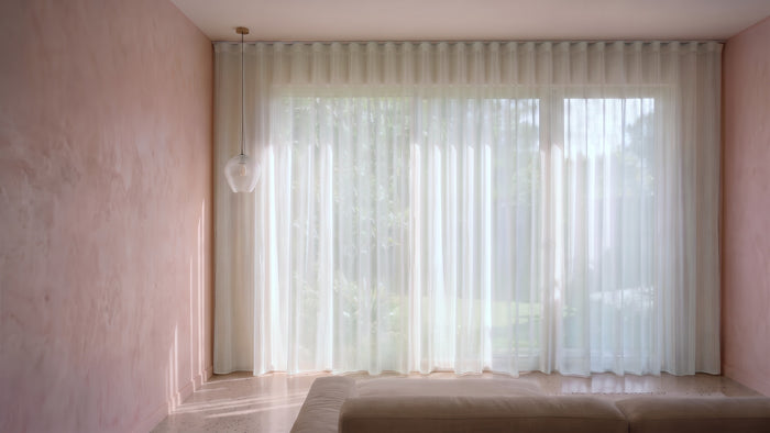 Burano Sheer Curtain in Talc, S-fold on a ceiling track
