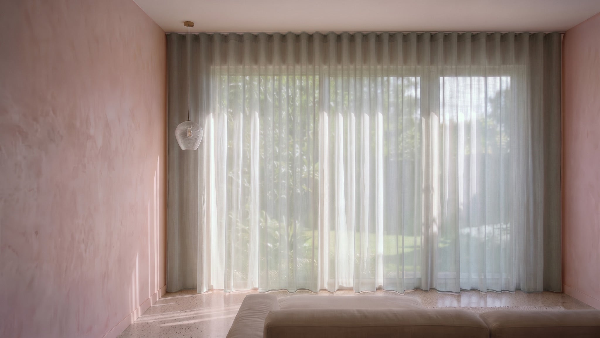 Burano Sheer Curtain in Vanilla, S-fold on a ceiling track