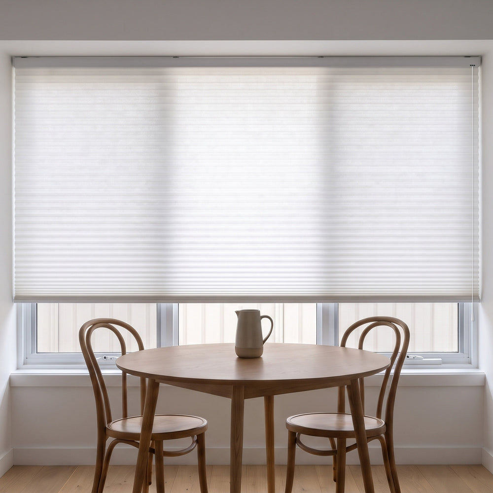 Honeycomb Light Filtering Corded Blind in Cotton, recess fitted in a kitchen dining nook window