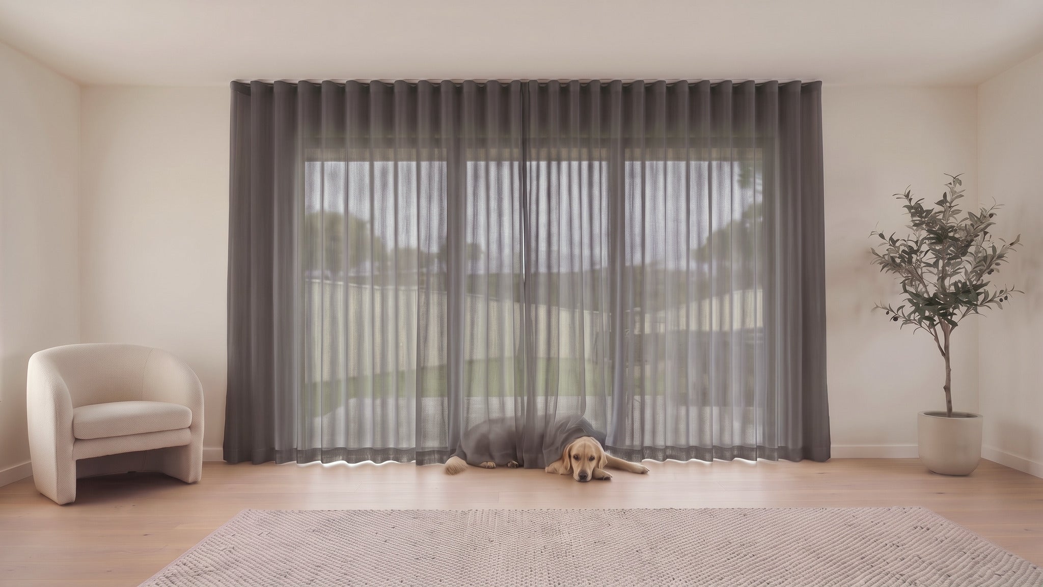 Cloud Sheer Curtain in Gravel, S-fold on a ceiling track