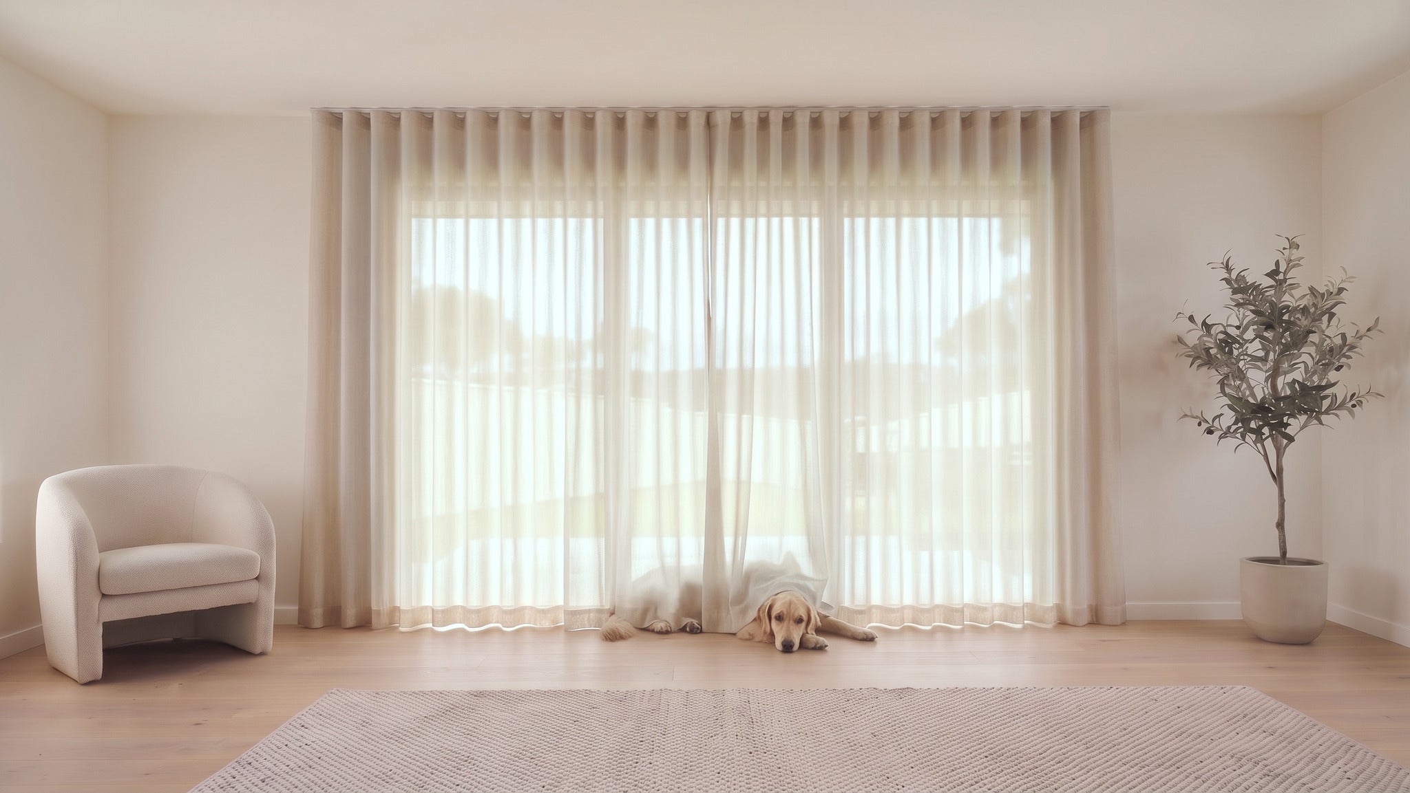 Cloud Sheer Curtain in Natural, S-fold on a ceiling track