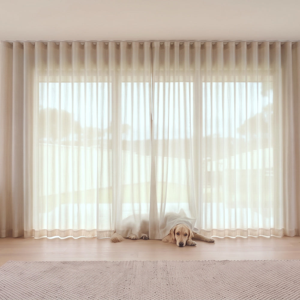 Cloud Sheer Curtain in Natural, S-fold on a ceiling track