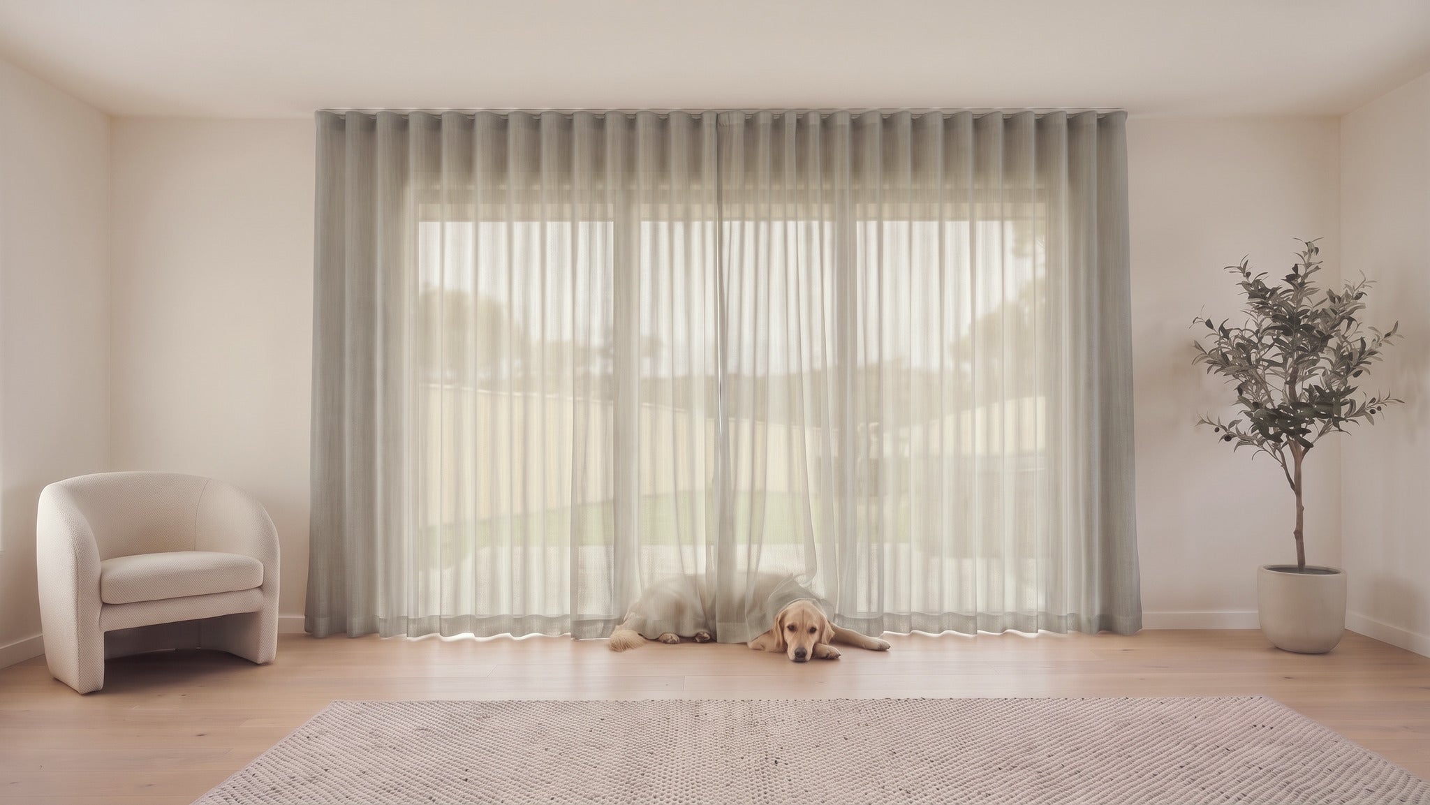 Cloud Sheer Curtain in Pepper, S-fold on a ceiling track