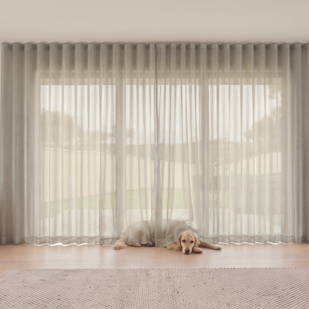 Cloud Sheer Curtain in Pepper, S-fold on a ceiling track