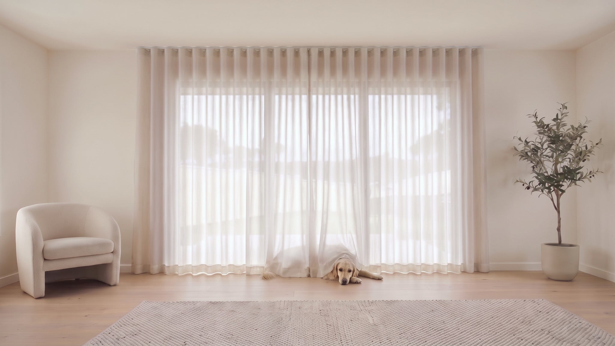 Cloud Sheer Curtain in Sandshell, S-fold on a ceiling track