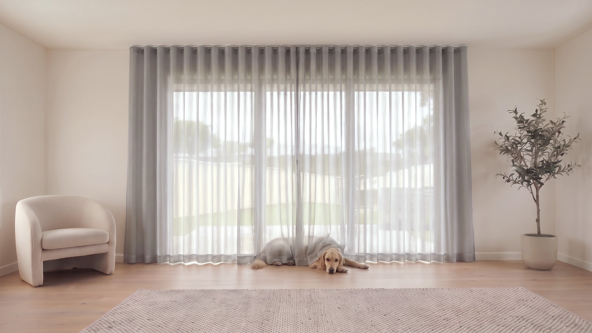 Cloud Sheer Curtain in Vapour, S-fold on a ceiling track