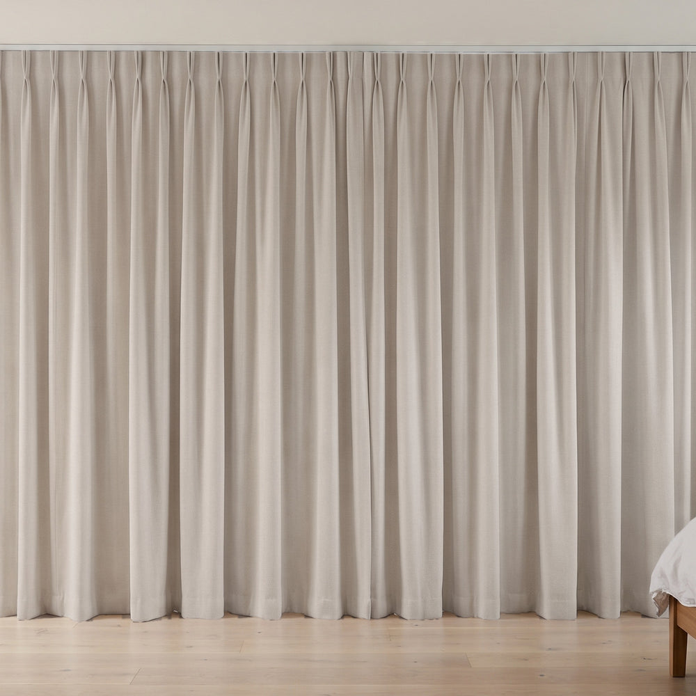 Flannery Blockout Curtain in Linen, twin pleat on a ceiling track