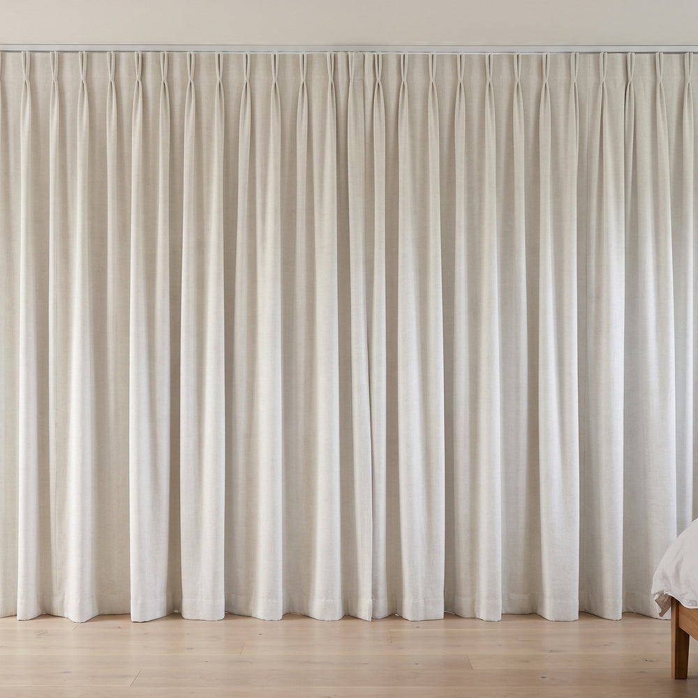 Flannery Blockout Curtain in Milk, twin pleat on a ceiling track