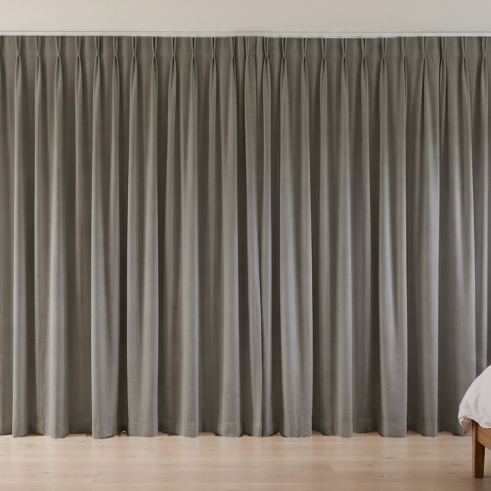 Flannery Blockout Curtain in Mink, twin pleat on a ceiling track