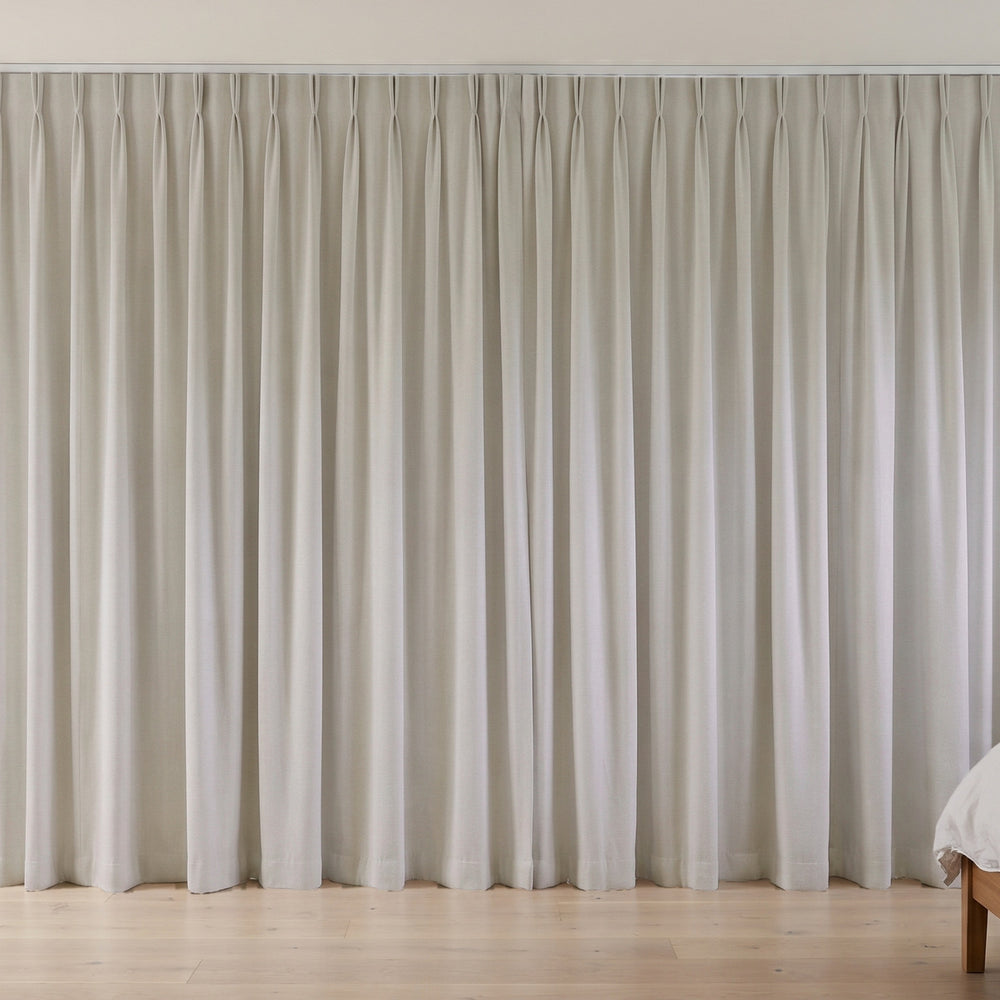 Flannery Blockout Curtain in Silver, twin pleat on a ceiling track