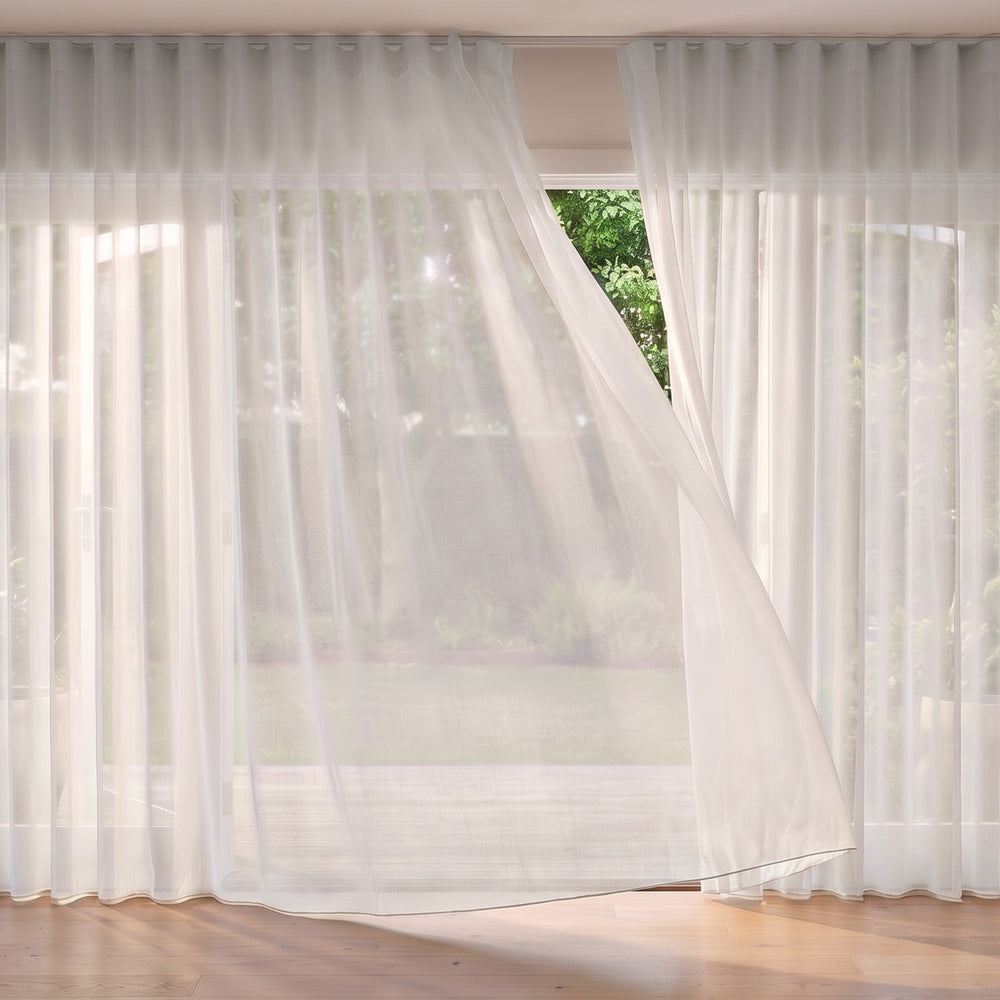 Flaxen Sheer Curtain in Alabaster, S-fold on a ceiling track