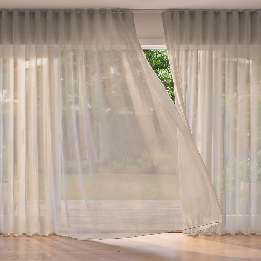 Flaxen Sheer Curtain in Dimity, S-fold on a ceiling track