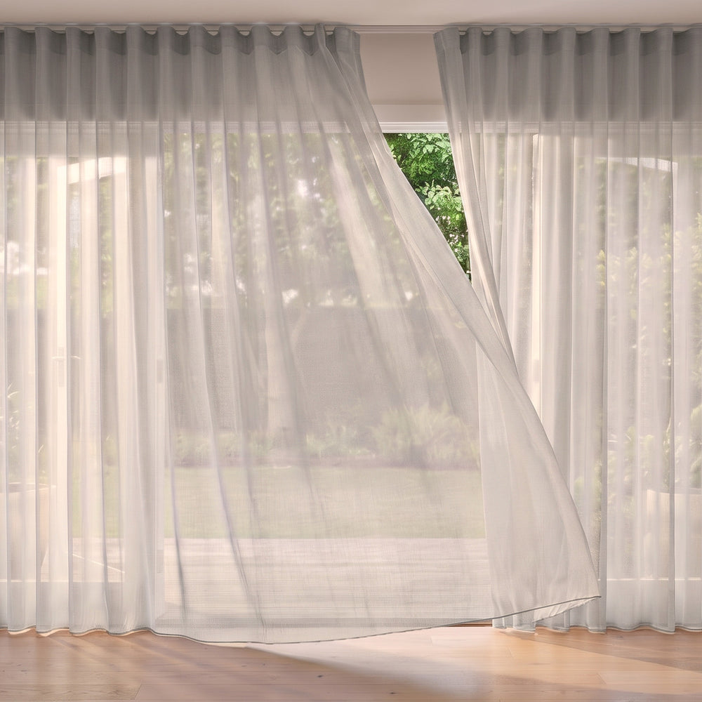 Flaxen Sheer Curtain in Lunar, S-fold on a ceiling track