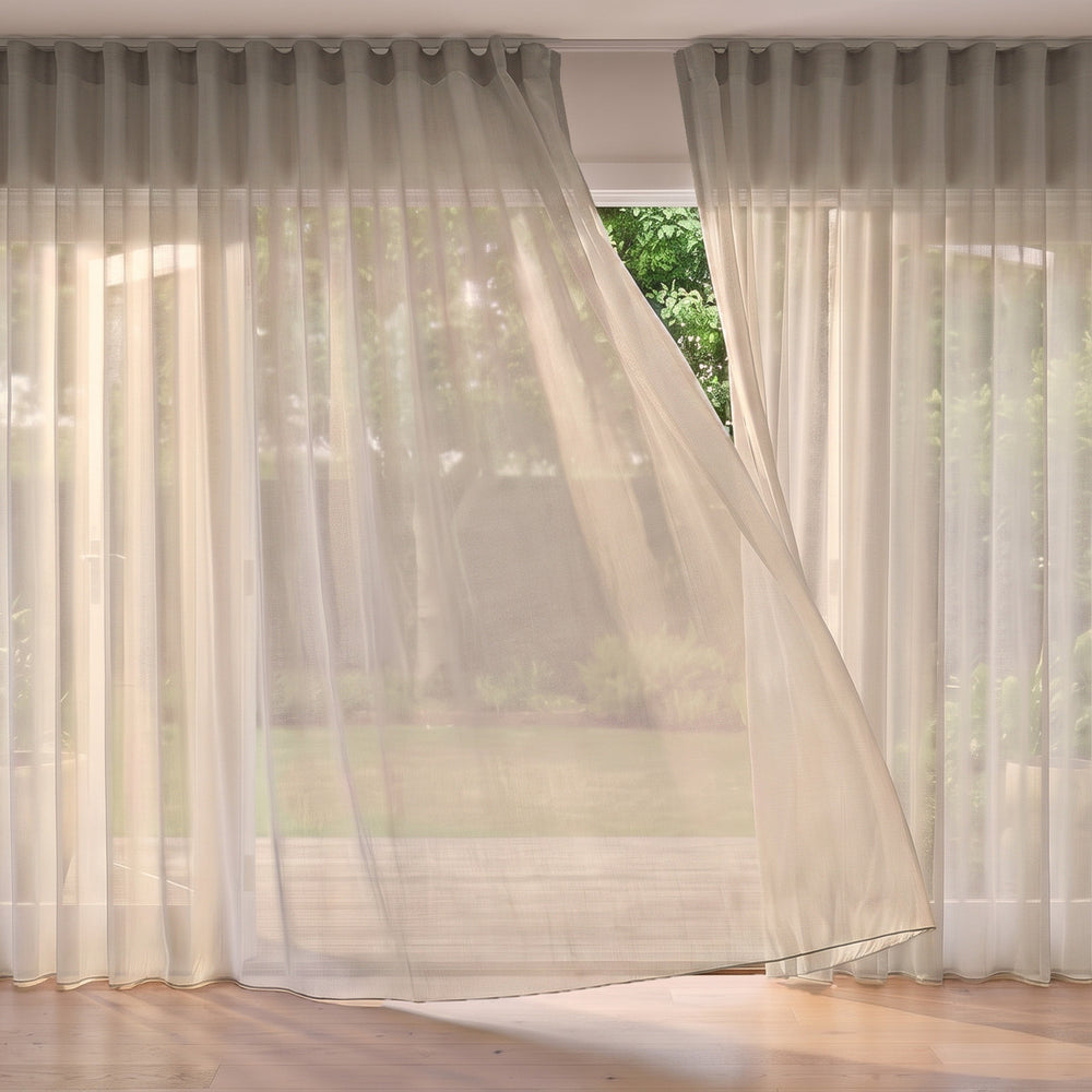 Flaxen Sheer Curtain in Oyster, S-fold on a ceiling track