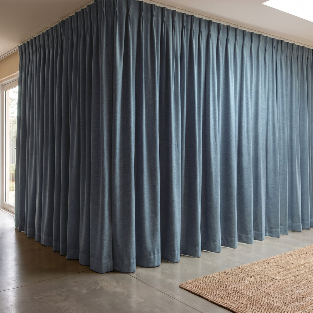 Galaxy Blockout Curtain in Aquarius, twin pleat on a ceiling track