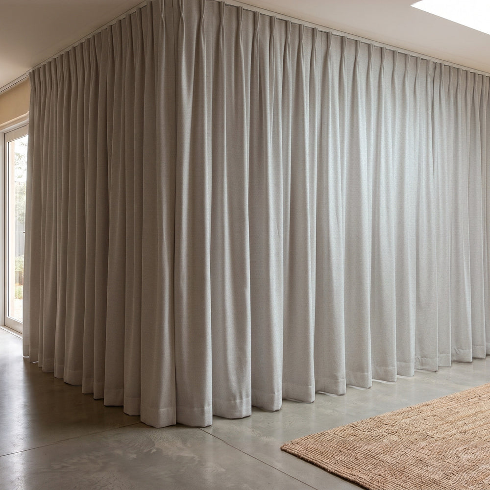 Galaxy Blockout Curtain in Comet, twin pleat on a ceiling track