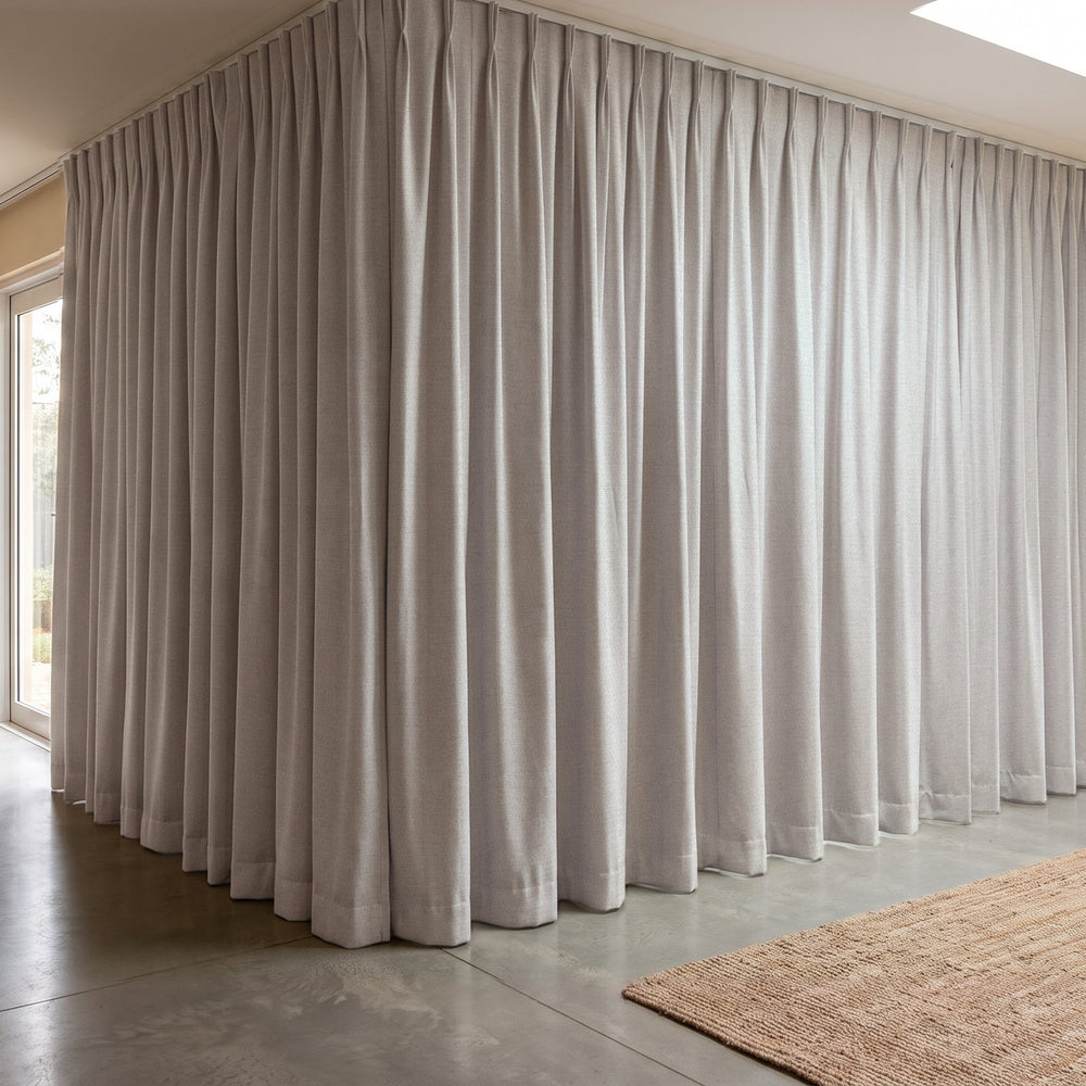 Galaxy Blockout Curtain in Earth, twin pleat on a ceiling track