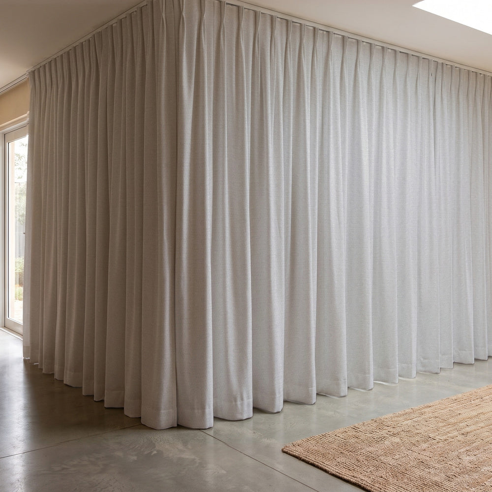 Galaxy Blockout Curtain in Luna, twin pleat on a ceiling track
