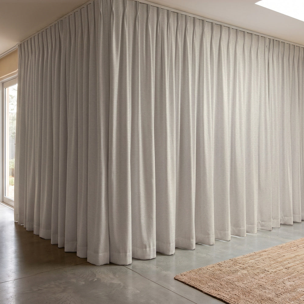 Galaxy Blockout Curtain in Mercury, twin pleat on a ceiling track