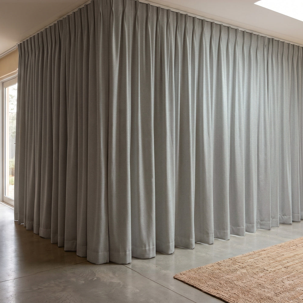 Galaxy Blockout Curtain in Pluto, twin pleat on a ceiling track