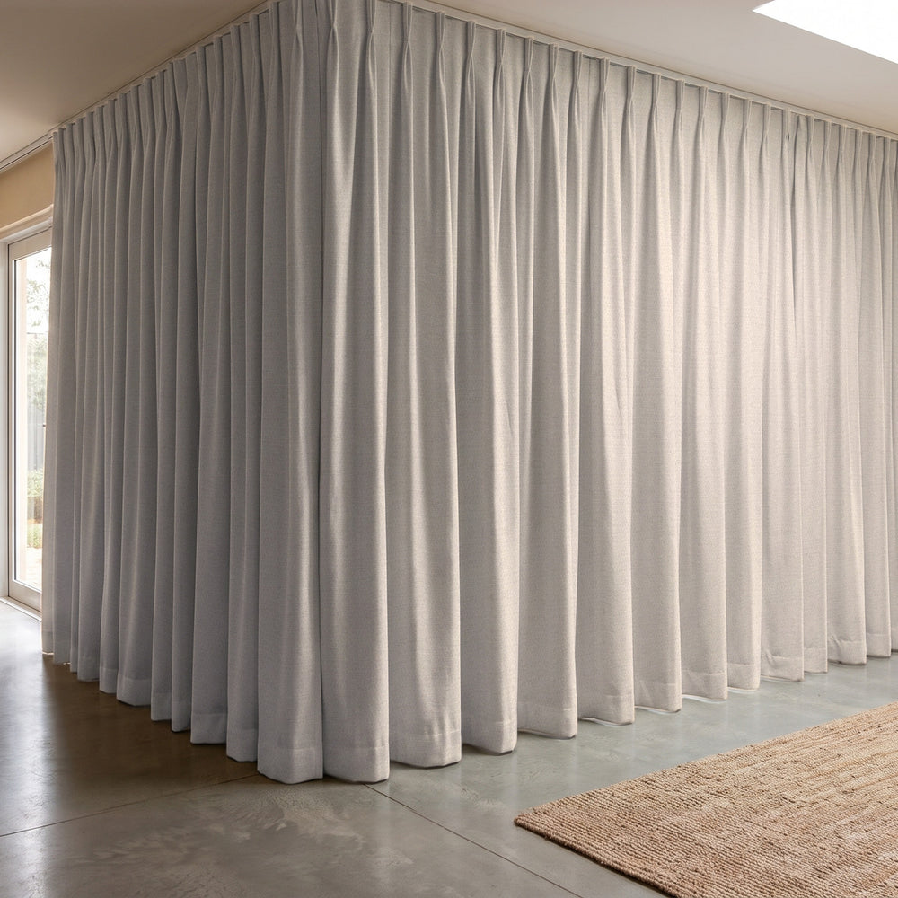 Galaxy Blockout Curtain in Venus, twin pleat on a ceiling track