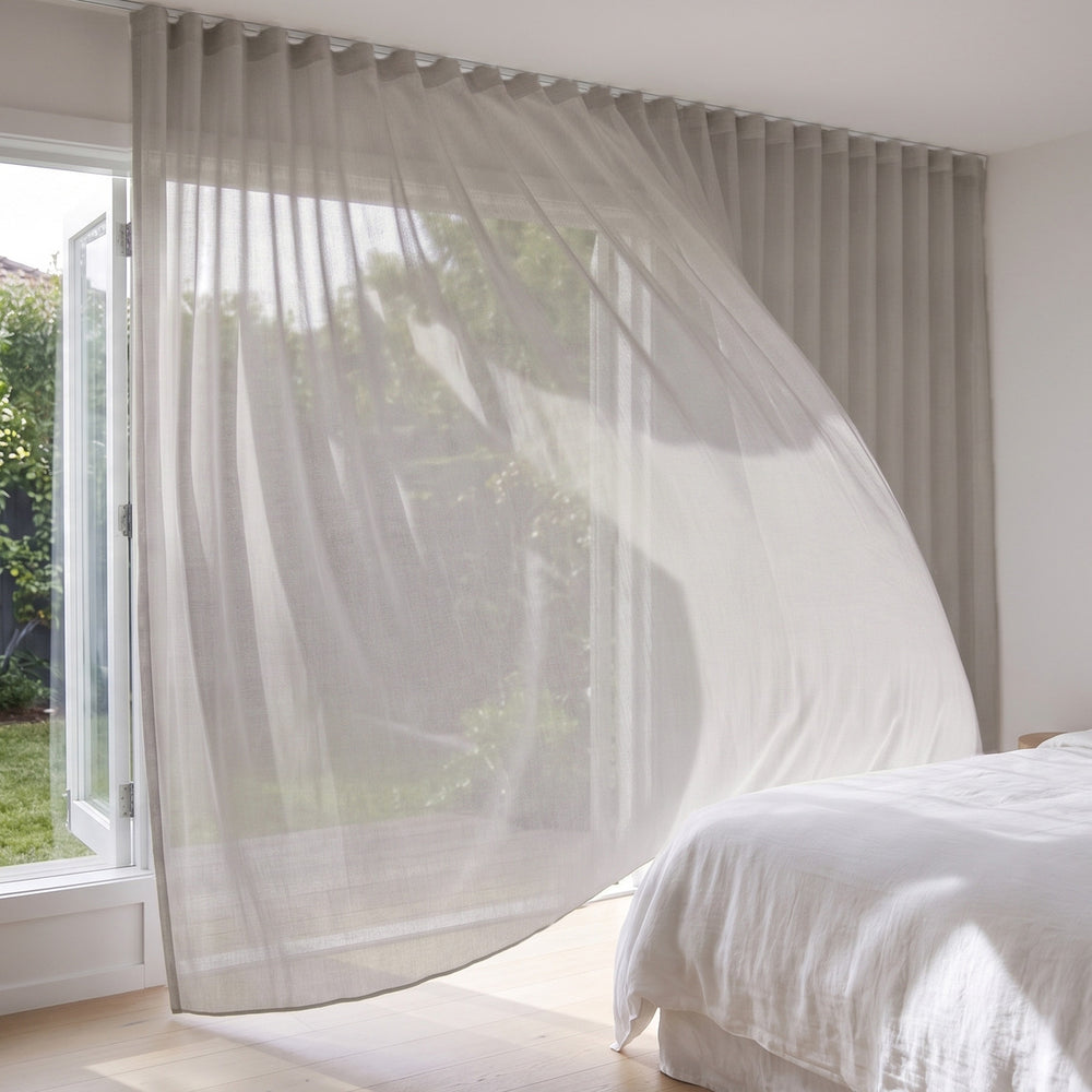 Graceful Sheer Curtain in Blush, S-fold on a ceiling track