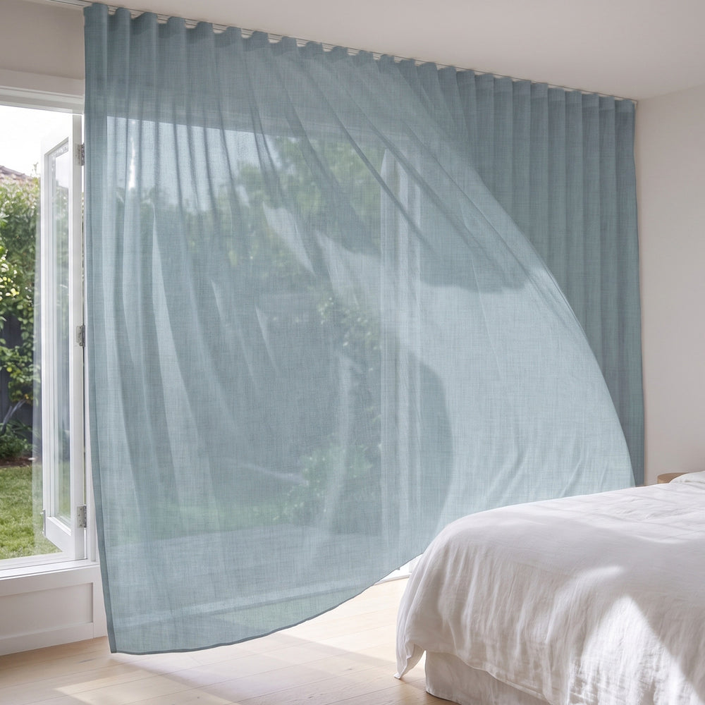 Graceful Sheer Curtain in Cloud, S-fold on a ceiling track