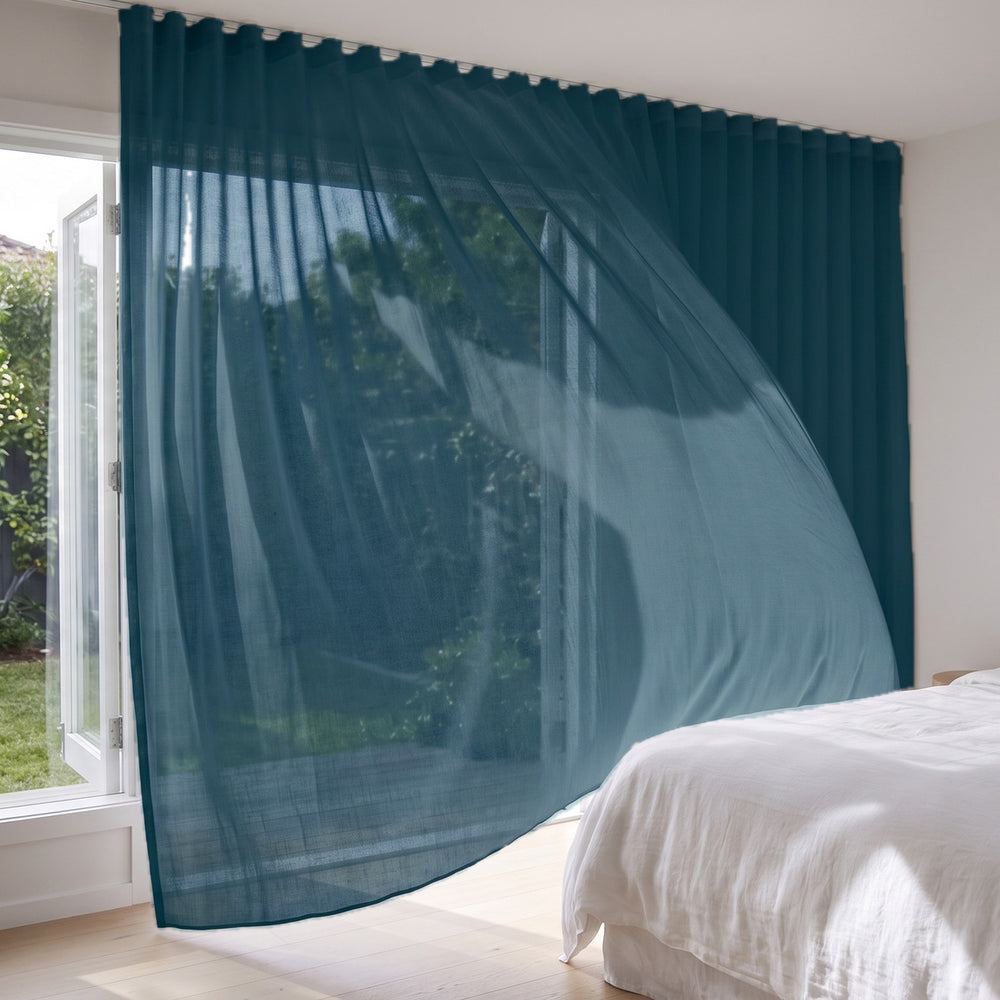 Graceful Sheer Curtain in Denim, S-fold on a ceiling track