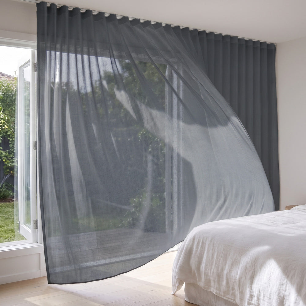 Graceful Sheer Curtain in Elephant, S-fold on a ceiling track