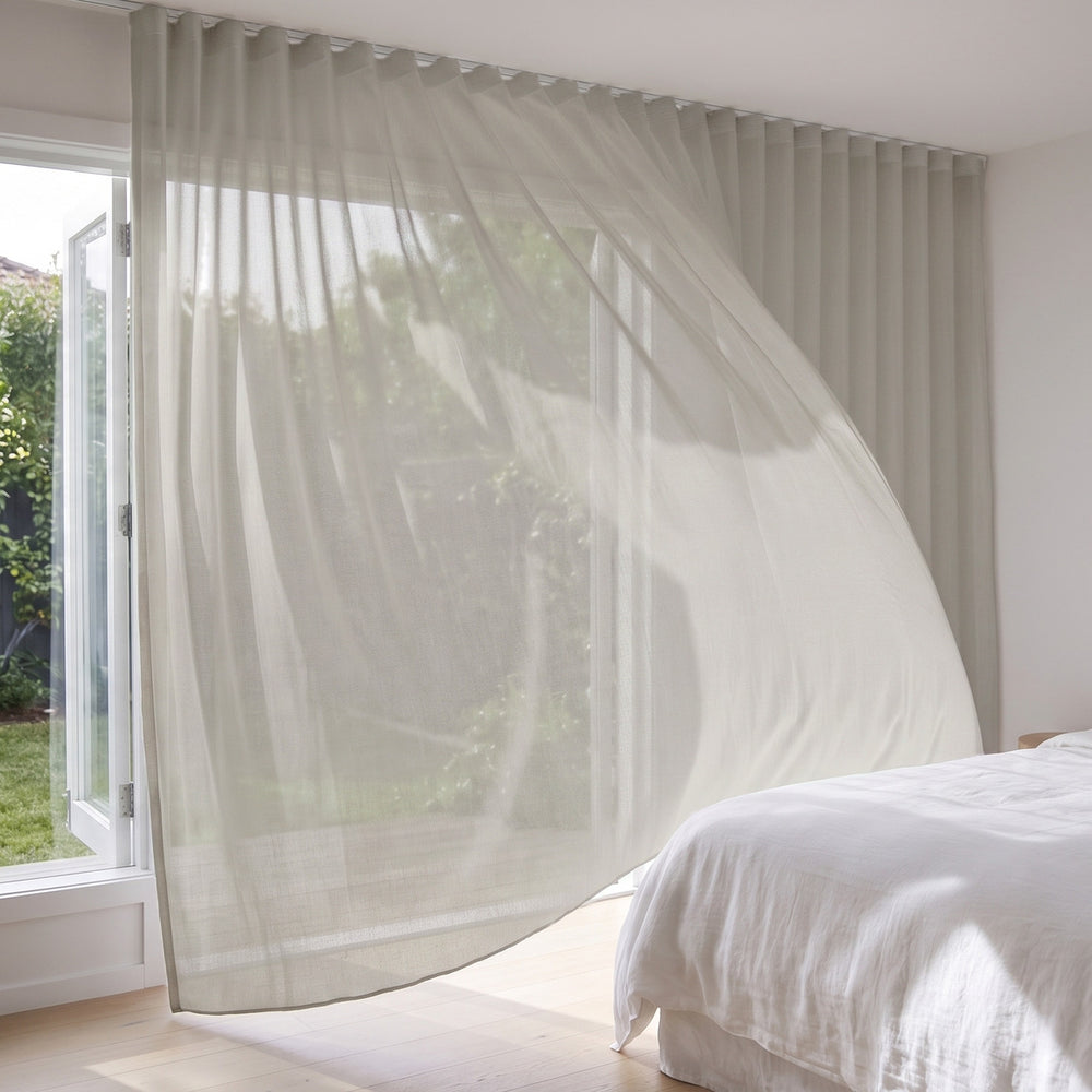 Graceful Sheer Curtain in Linen, S-fold on a ceiling track