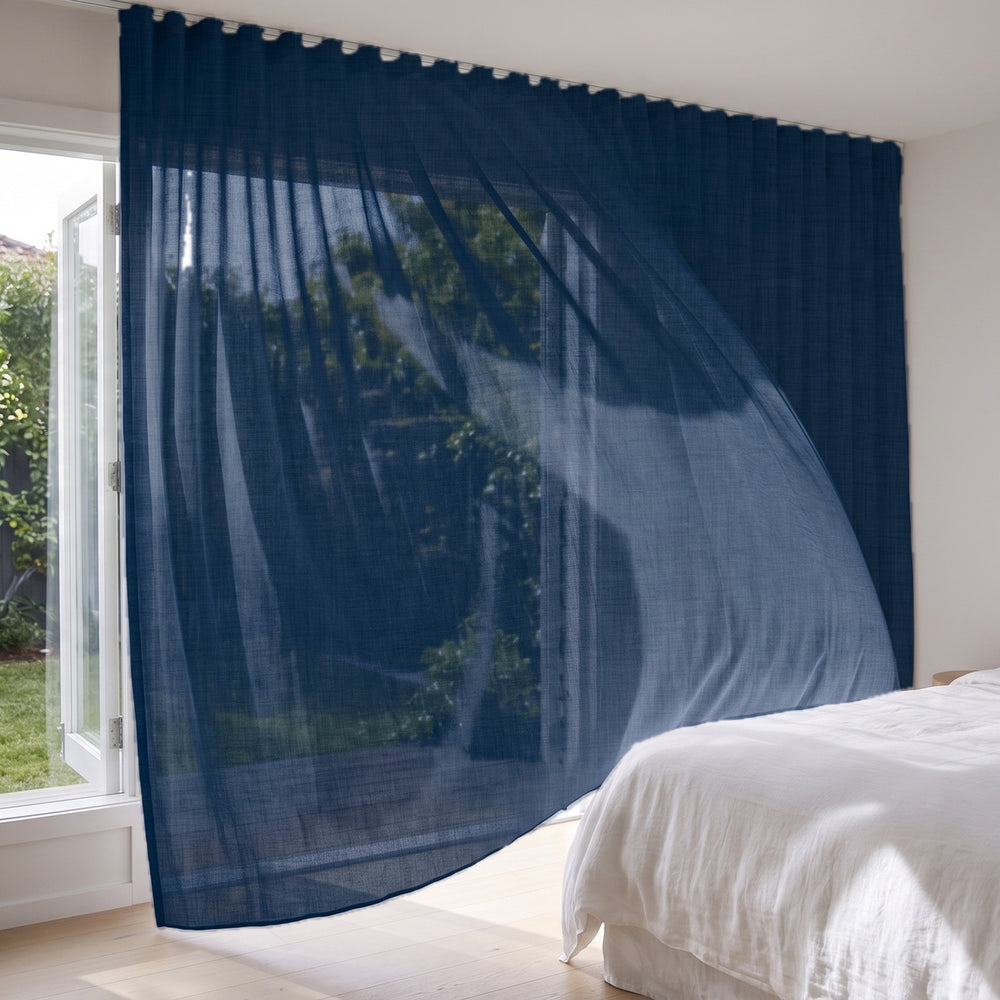 Graceful Sheer Curtain in Navy, S-fold on a ceiling track
