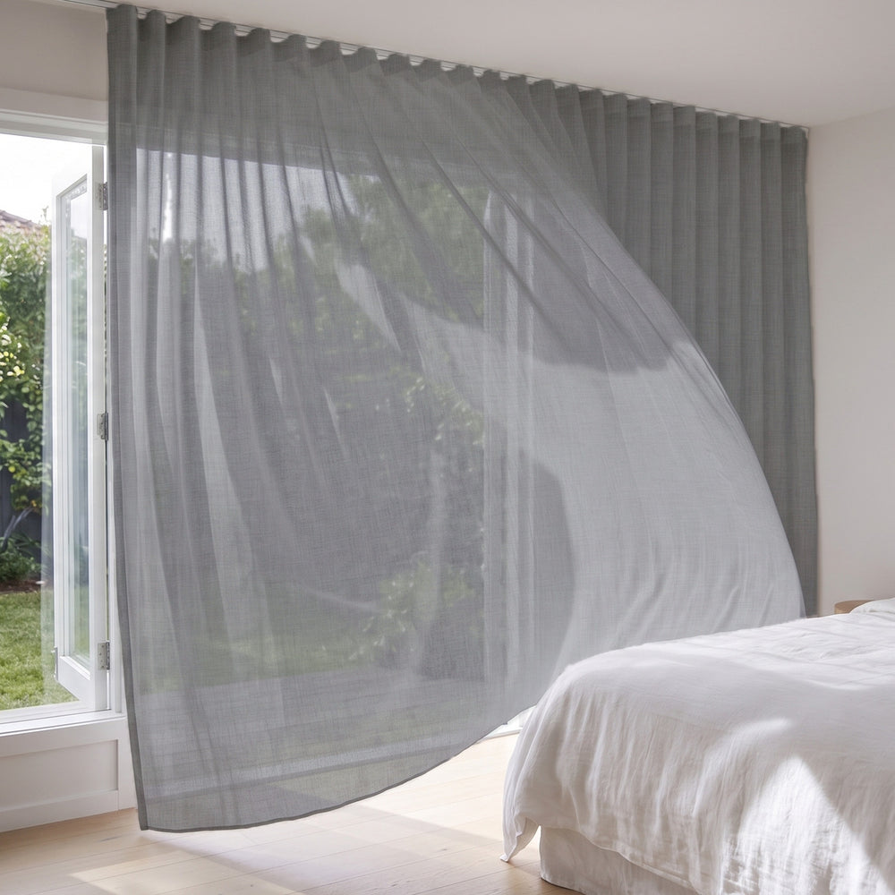 Graceful Sheer Curtain in Silver, S-fold on a ceiling track